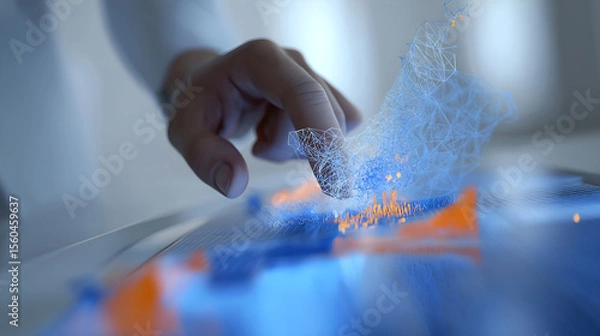 Fototapeta Photo of hands interacting with a futuristic holographic display showing complex business graphs and data visualizations in a modern office.