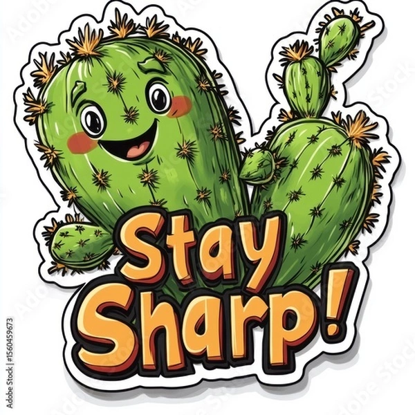 Fototapeta Smiling Cactus Illustration with the Phrase Stay Sharp on a White Background