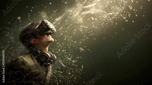 Fototapeta Photo of a person (20s-30s) wearing a sleek VR headset, intensely immersed in a virtual world, with glowing.
