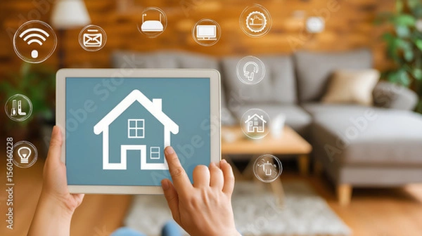 Fototapeta Photo of a modern tablet displaying an intuitive smart home interface, with a blurred background of a living room.