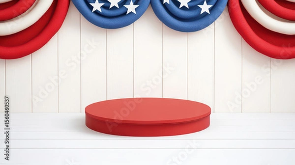 Fototapeta 4th of July patriotic podium with American bunting Empty red podium with USA red, white, and blue bunting and white stars, perfect for 4th of July or American celebration themes
