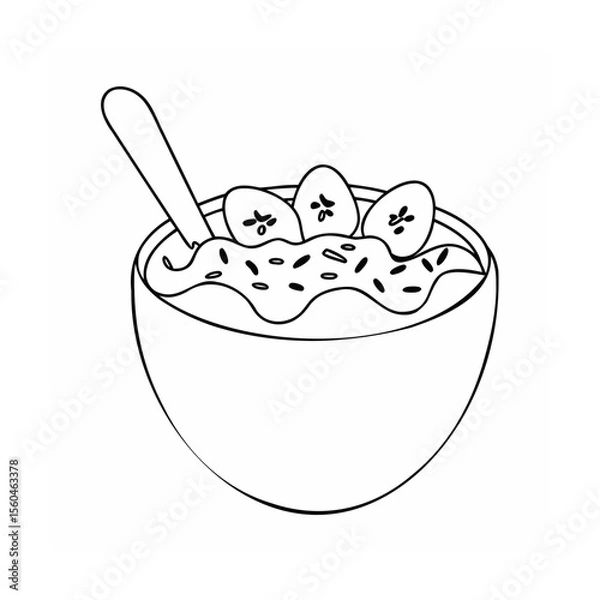 Fototapeta Handdrawn of a bowl of oatmeal with banana slices a spoon on vector