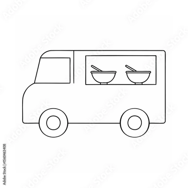 Fototapeta Outline food truck with two bowls spoons in the serving window vehicle