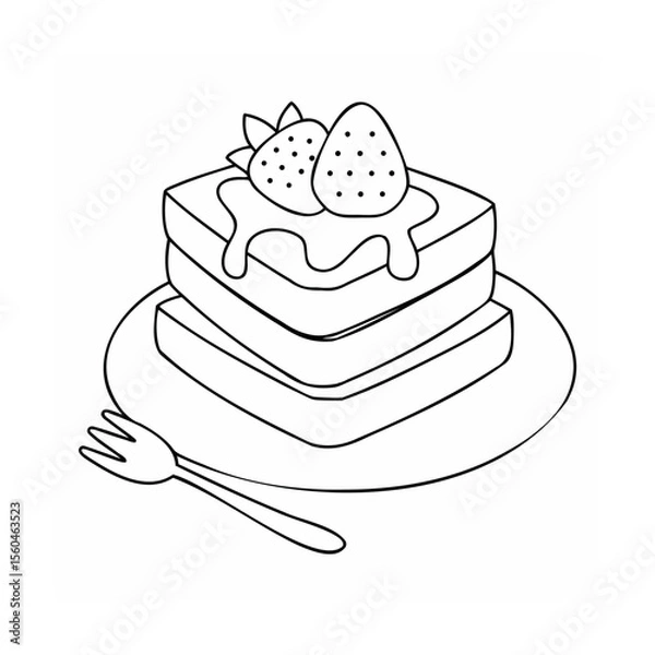 Fototapeta Handdrawn of stacked toast with strawberries fork on a plate bread strawberry