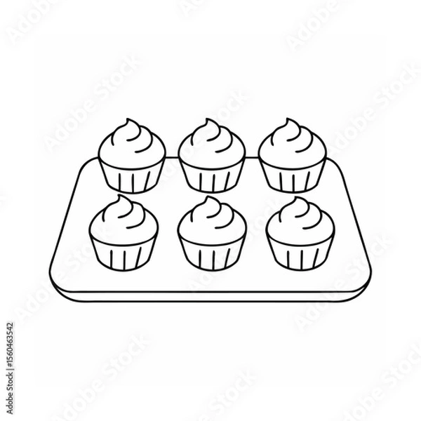Fototapeta Six Cupcakes with Swirled Frosting in a Baking Pan Handdrawn Outline tray