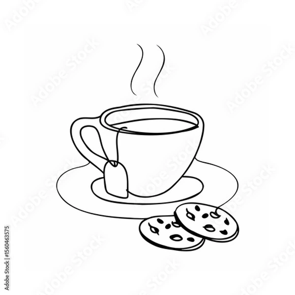 Fototapeta Handdrawn of a teacup with tea bag on saucer with two cookies vector