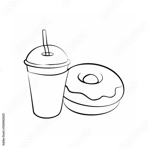 Fototapeta Handdrawn of a drink in a cup with a straw a donut on a food
