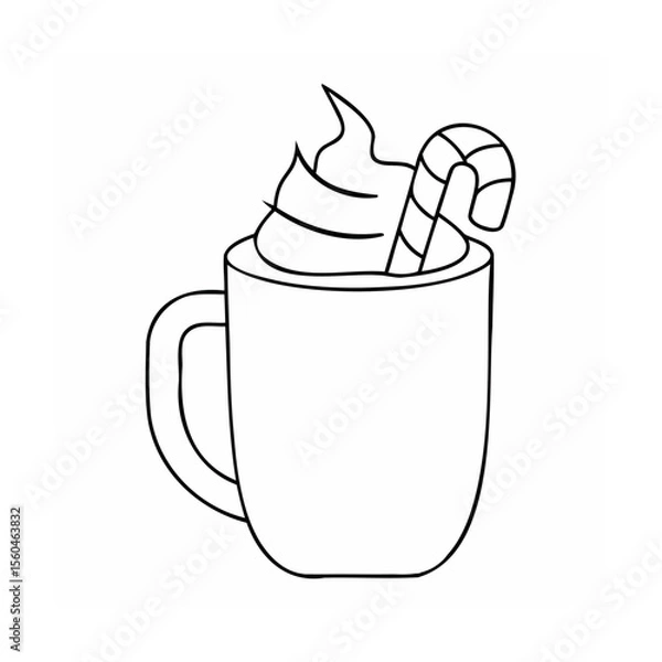 Fototapeta Handdrawn of a mug with whipped cream a candy cane on drink beverage