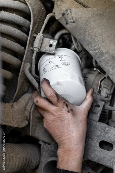 Fototapeta Mechanic's hand reaches out to install or remove an oil filter on the underbody of a car. Changing an oil filter