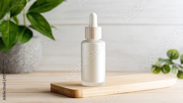 Fototapeta White face essence bottle on light wood background, minimalist style, attention to texture and detail, blurred beige wood surface, text or advertising space.