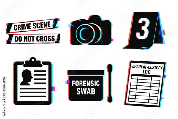 Fototapeta Crime scene investigation icons: camera, evidence marker, swab, log