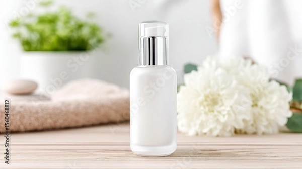 Fototapeta White face essence bottle on light wood background, minimalist style, attention to texture and detail, blurred beige wood surface, text or advertising space.