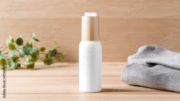 Fototapeta White face essence bottle on light wood background, minimalist style, attention to texture and detail, blurred beige wood surface, text or advertising space.
