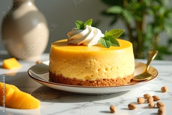 Fototapeta Mango Mousse Cake with Whipped Cream and Mint Leaves on Plate on Marble Table