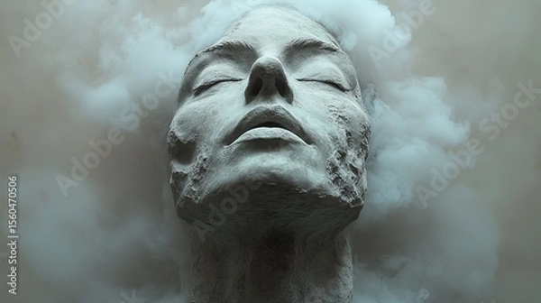 Fototapeta "Gray stone statue head with closed eyes surrounded by smoke, ideal for art projects, meditation spaces, or creative visual content."