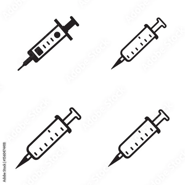 Obraz Syringe Icon Set – Black and White Medical Injection Vector Illustrations

