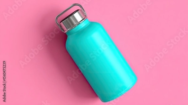 Fototapeta Green water bottle, with a bright pink background, flush with the eyes, no shadows, clean, professional display, perfect for advertising or packaging design.