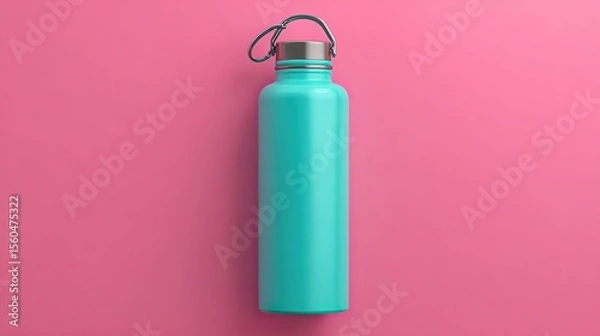 Fototapeta Green water bottle, with a bright pink background, flush with the eyes, no shadows, clean, professional display, perfect for advertising or packaging design.