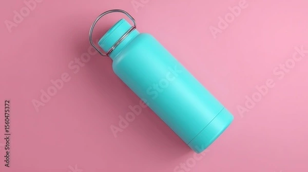 Fototapeta Green water bottle, with a bright pink background, flush with the eyes, no shadows, clean, professional display, perfect for advertising or packaging design.
