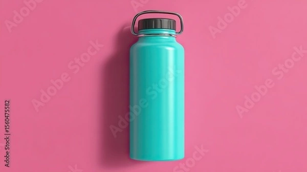 Fototapeta Green water bottle, with a bright pink background, flush with the eyes, no shadows, clean, professional display, perfect for advertising or packaging design.