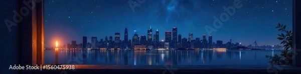 Fototapeta Silhouette of a city skyline at midnight, stars twinkling, a single candle burning on a windowsill, conveying a sense of hope and quiet wishes , sill, window, towers