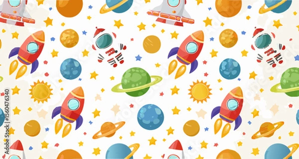 Fototapeta Seamless kids’ space-themed vector pattern featuring rockets, planets, astronauts, and stars 