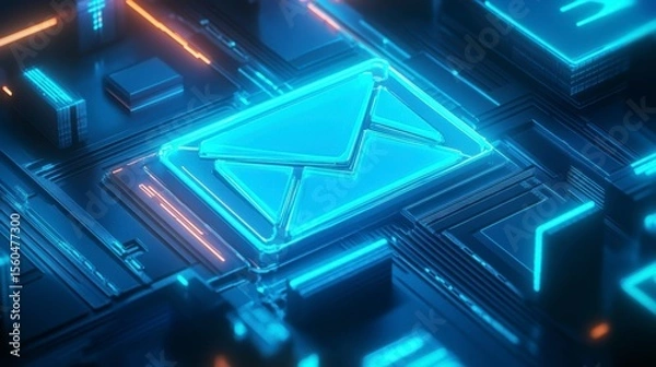 Obraz Glowing neon email icon on a futuristic circuit board.