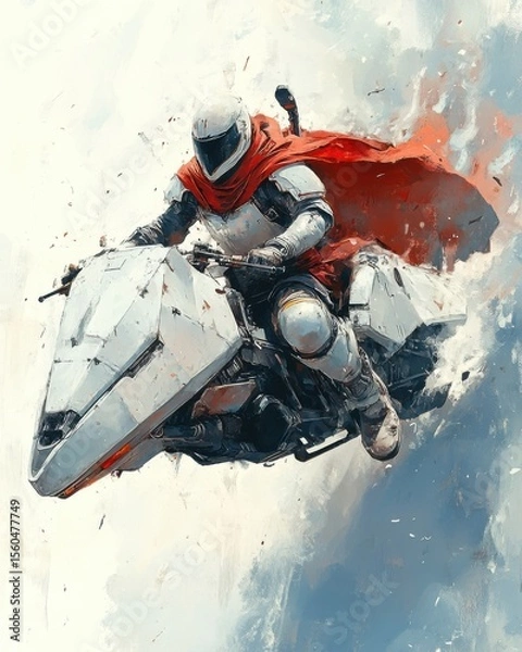 Fototapeta Rider in Futuristic Armor on Flying Motorcycle with Red Cape in Cloudy Sky