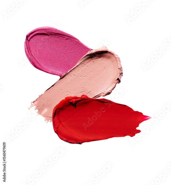 Fototapeta Composition with lipstick swatch isolated on transparent background. Pink, red and brown lipstick smear smudged showcasing lipstick texture.