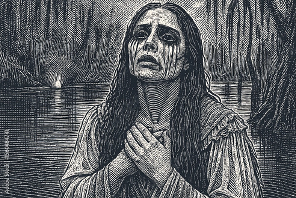 Fototapeta The ghost of La Llorona, the Weeping Woman of folklore, cries in a dark swamp. Vector illustration in a classic vintage woodcut or engraving style.