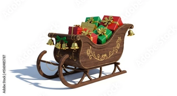 Fototapeta Wooden Sleigh Overflowing with Gifts and Bells