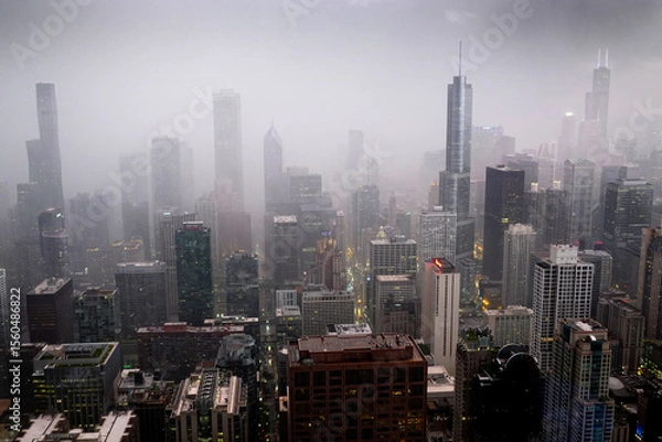 Fototapeta Highrise Buildings or Skyscrapers in Big City During Rainstorm with Rain Drops on Window