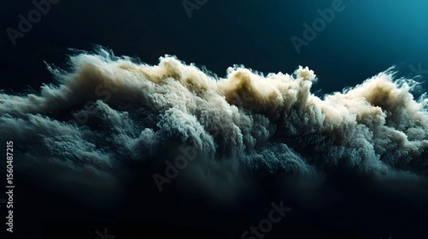 Fototapeta A dramatic realistic depiction of a massive airborne dust storm with copy space perfect for text overlay; showcasing swirling sand and textured clouds against a dark background.