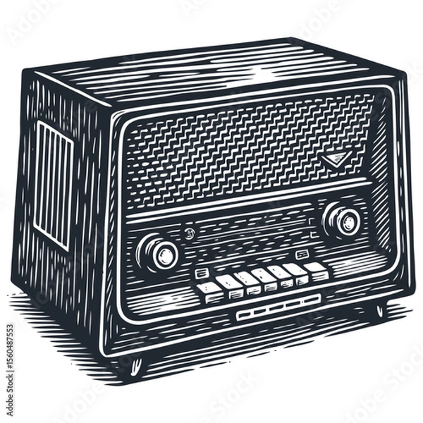 Fototapeta A classic vintage radio receiver. Old broadcasting equipment for music and news. Vector illustration in a retro woodcut or engraving print style.