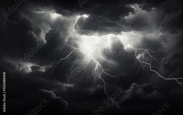 Obraz Dramatic storm clouds with lightning strikes illuminate the dark sky above