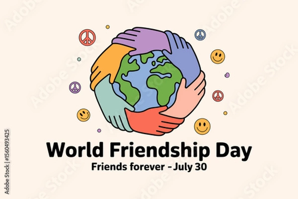 Fototapeta World friendship day badge with globe and hearts celebrating unity and love for july 30 togetherness event  