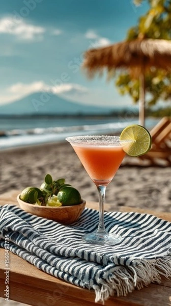 Obraz A refreshing Cosmopolitan cocktail with a lime garnish on a beach towel