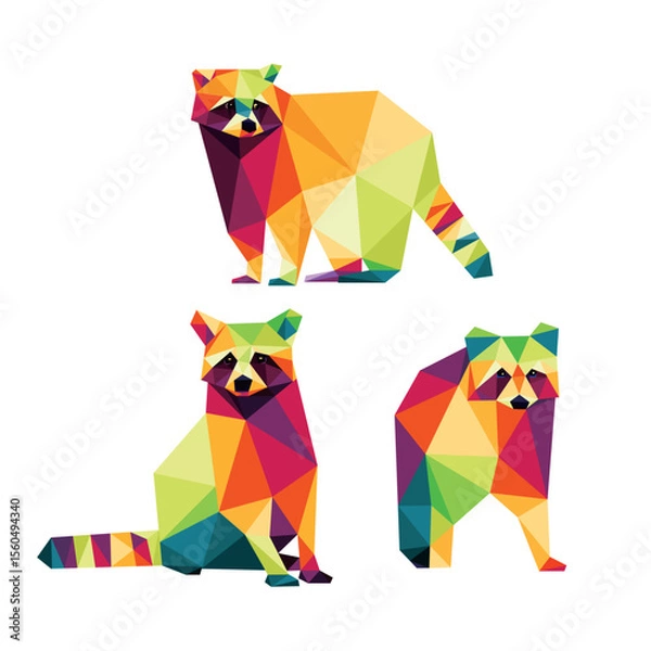 Fototapeta Collection of Raccoon Animal in Colorful Polygonal Low Poly. Set Colorful Abstract Vector of Raccoon. Raccoon Polygon Logo.