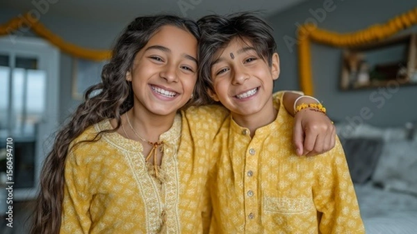 Obraz Indian siblings celebrating Raksha Bandhan joyfully while hugging and laughing together