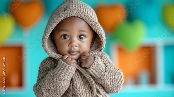 Obraz A happy baby standing cautiously in front of a colorful nursery school wall