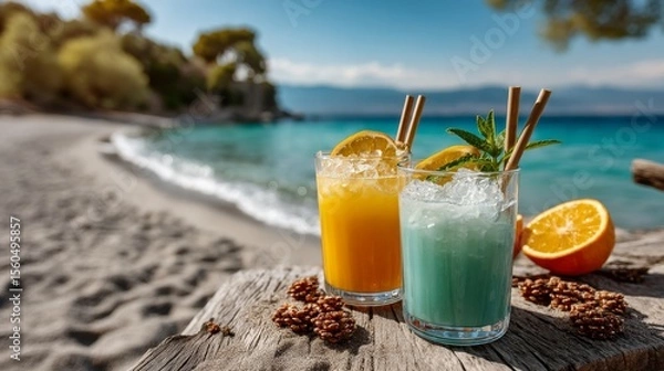Obraz Two colorful cocktails with ice and citrus garnish on white sand beach