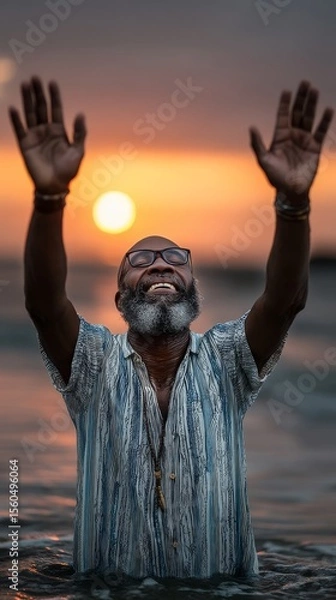Obraz A devotee standing in water with hands raised to the sky at sunrise