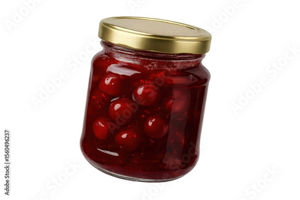 Fototapeta Delicious cherry jam in glass jar with whole fruits, isolated on transparent background.