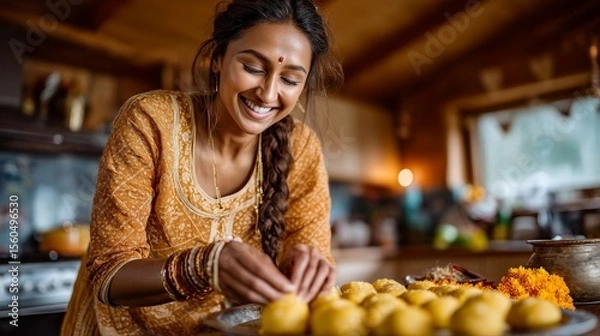 Obraz A mother joyfully prepares a festive thali with sweets and rakhi for Raksha Bandhan