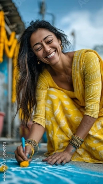 Obraz A woman joyfully creating traditional rangoli in vibrant attire near a shrine