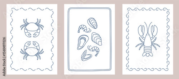 Obraz PrintSet of posters with hand drawn outline lobster, crab, oysters and shrimps. Templates for invitation, menu design, wall art print decor. Vector illustration