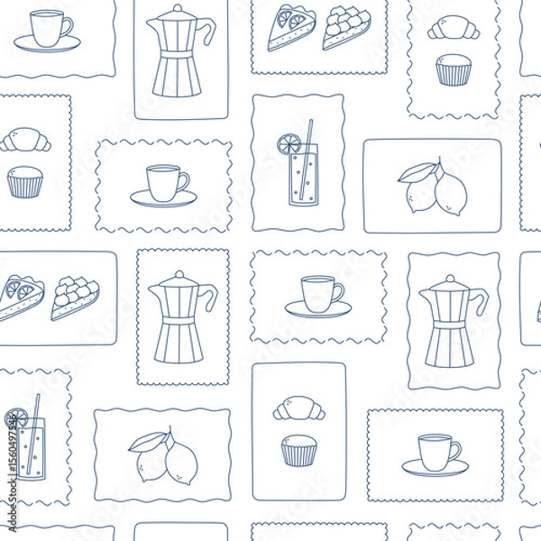 Obraz Seamless pattern with outline Italian metallic coffee maker, cup and desserts. Background for poster, banner, fabric, menu and print design. Vector illustration