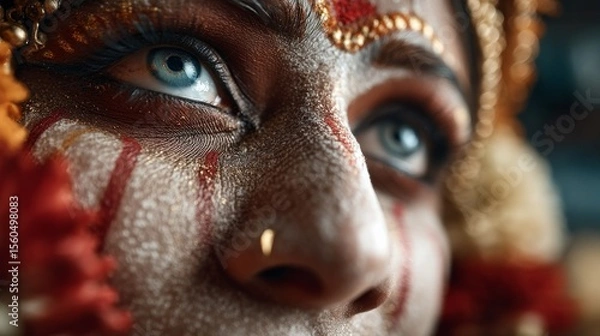 Obraz Close-up of a Durga idol with expressive eyes and ornate crown illuminated warmly
