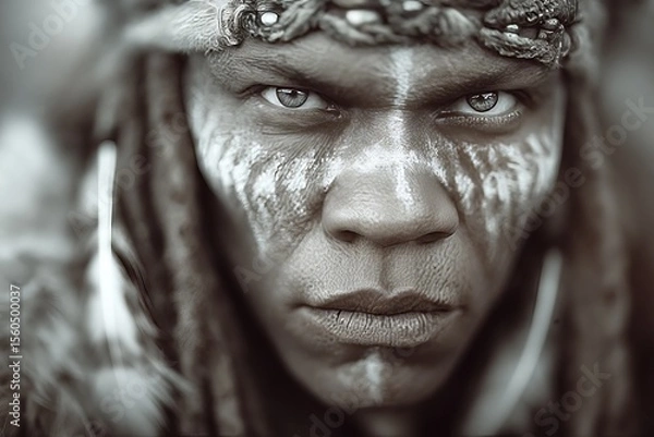 Obraz Portrait of a nomadic MechWarrior adorned with tribal face paint and clothing Black and white