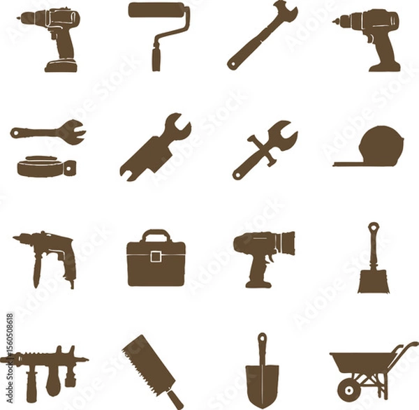 Obraz Construction & DIY Tool Icon Grid Featuring Sixteen Silhouetted Items in a Minimalist Black-and-White Layout